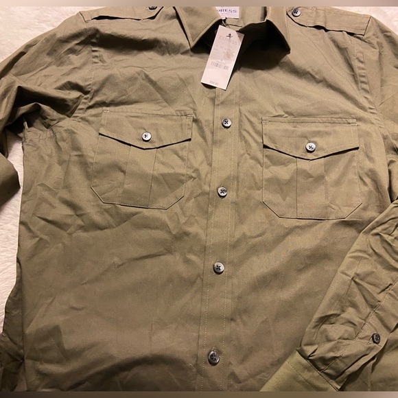 NWT! EXPRESS fitted MK2 olive button up shirt Small 14-14.5” stretch cotton - Picture 5 of 11